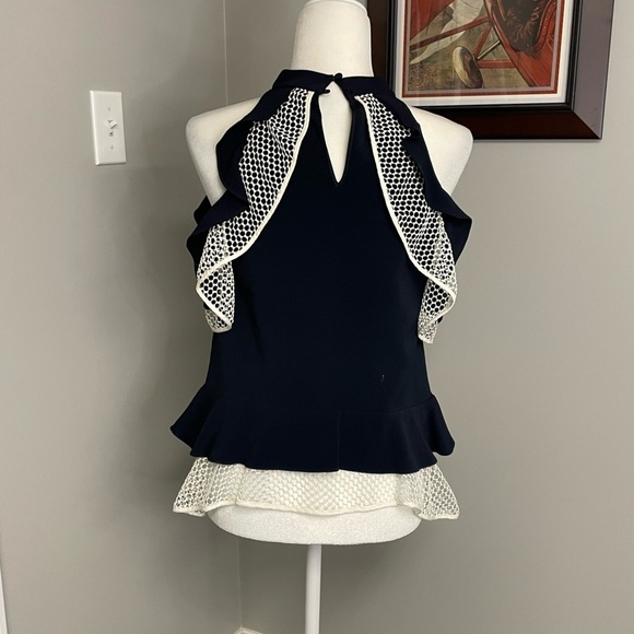 Jonathan Simkhai ruffles navy blue white top size small cold shoulder feminine - Picture 3 of 6